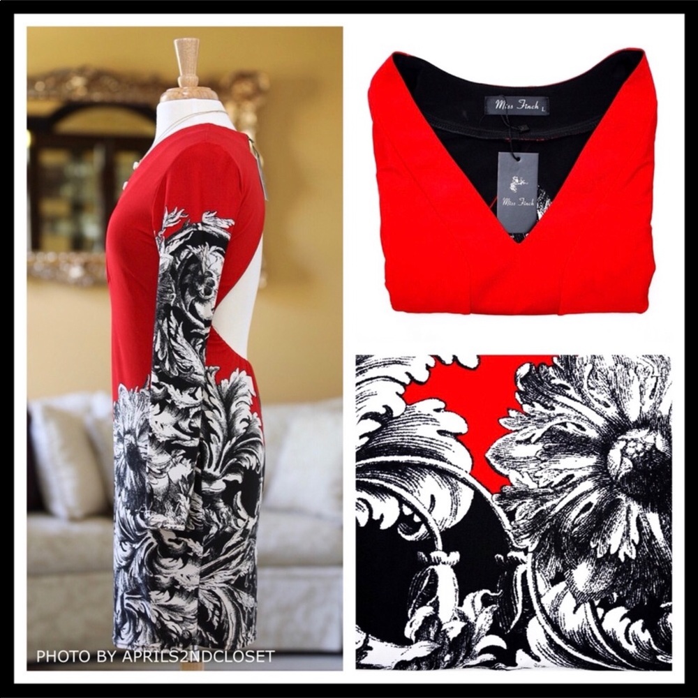 V-NECK OPEN BLACK RED WHITE SHEATH MINI DRESS A3C - Picture 6 of 8